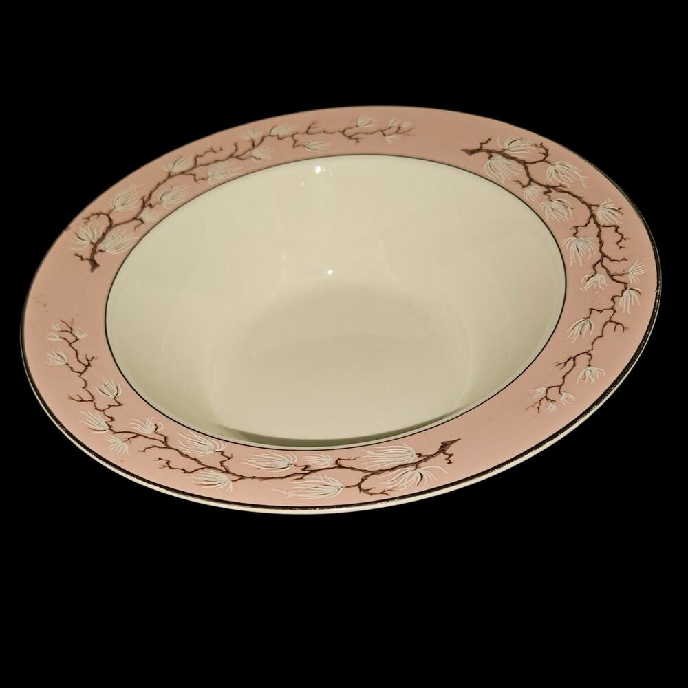 Vintage Pink Floral Wide Rim Serving Bowl Silver Trim Magnolia Mid Century